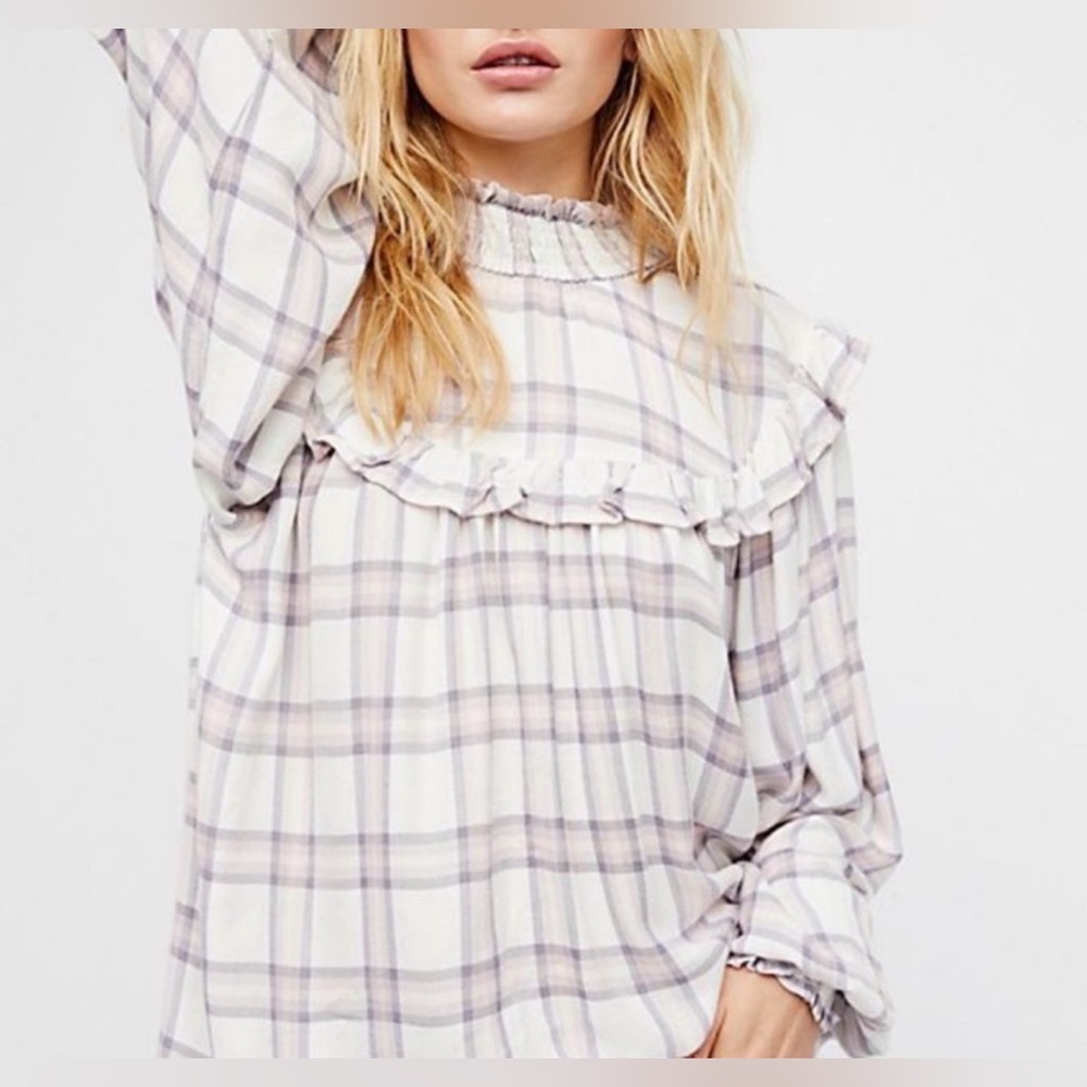 Free People Charlie Ruffle Plaid Purple Top, Size S